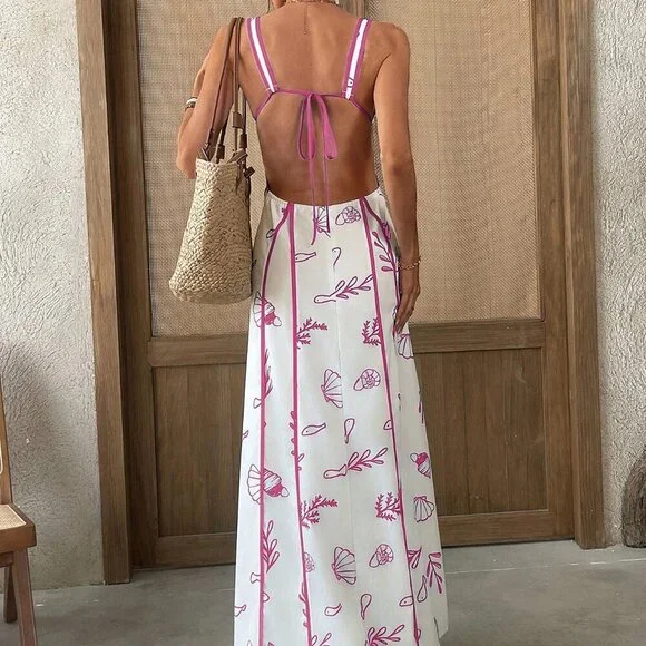 Hot Pink Boho Women's Casual Beach Wedding Party Color Edge Print Dress - Picture 2 of 6